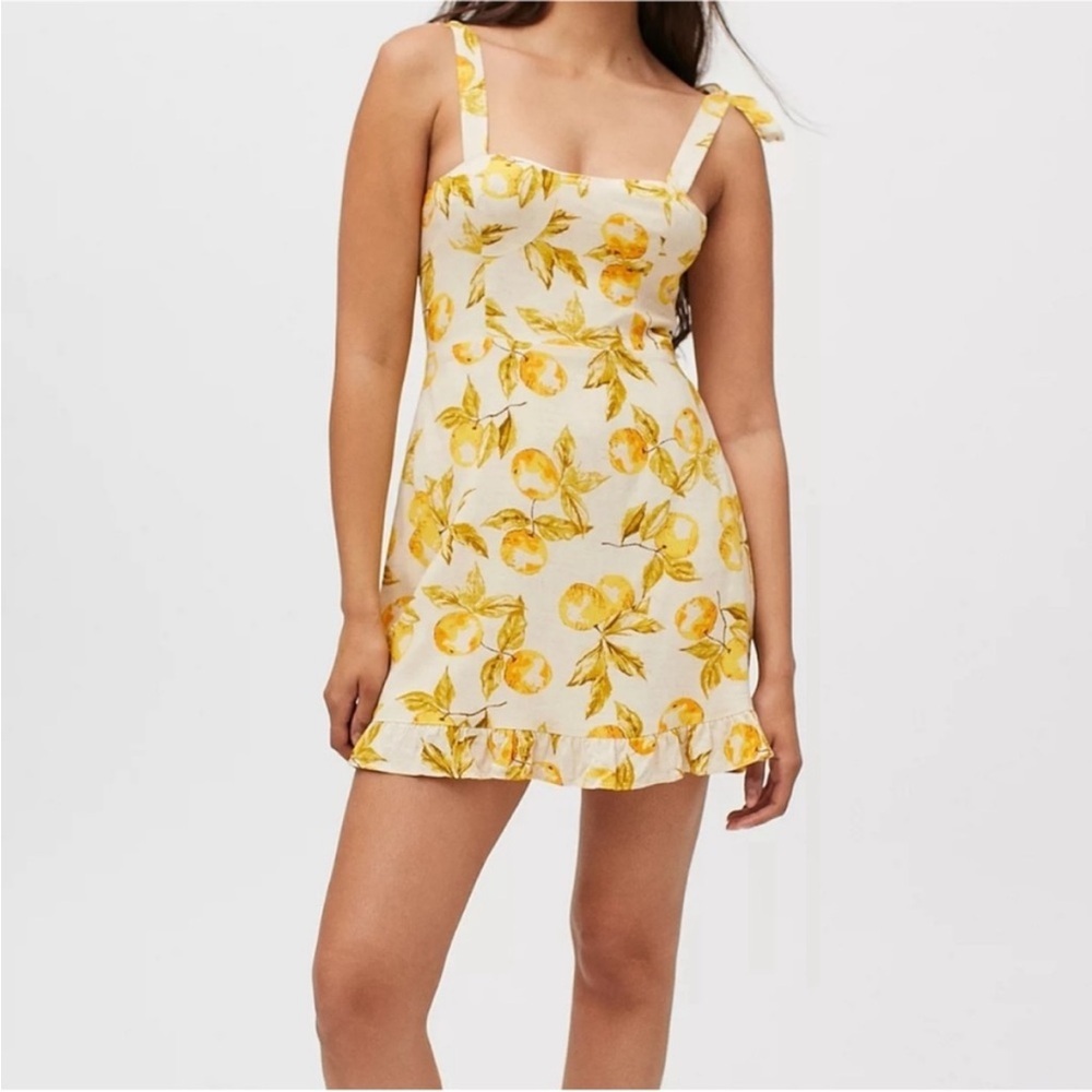 Urban Outfitters Jolene Linen Tie Shoulder Lemon Print Dress - Picture 2 of 15